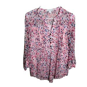 Juniper + Lime Blouse Women's Medium Colorful V-Neck 3/4 Sleeve Mesh Artsy Top